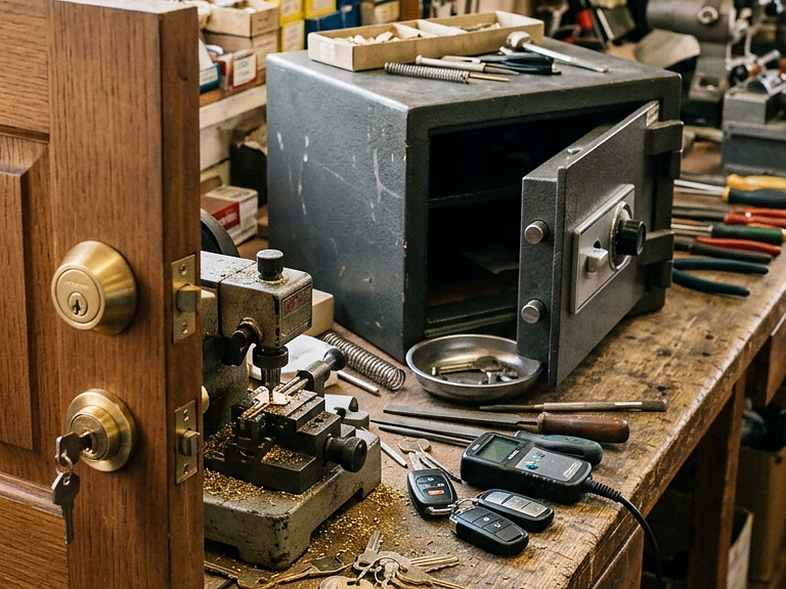Illustrated: a bench with a key machine, an open safe, car fobs and cut keys