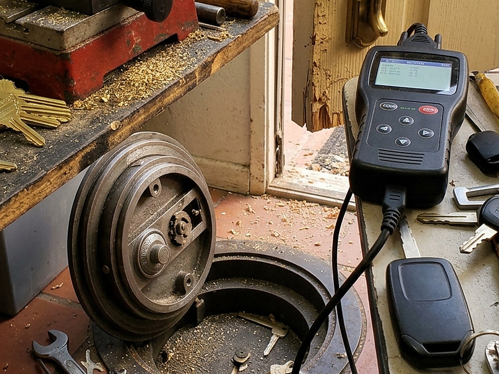 Illustrated: a floor safe door off and standing on end, a key programmer and two car fobs on the concrete by the threshold