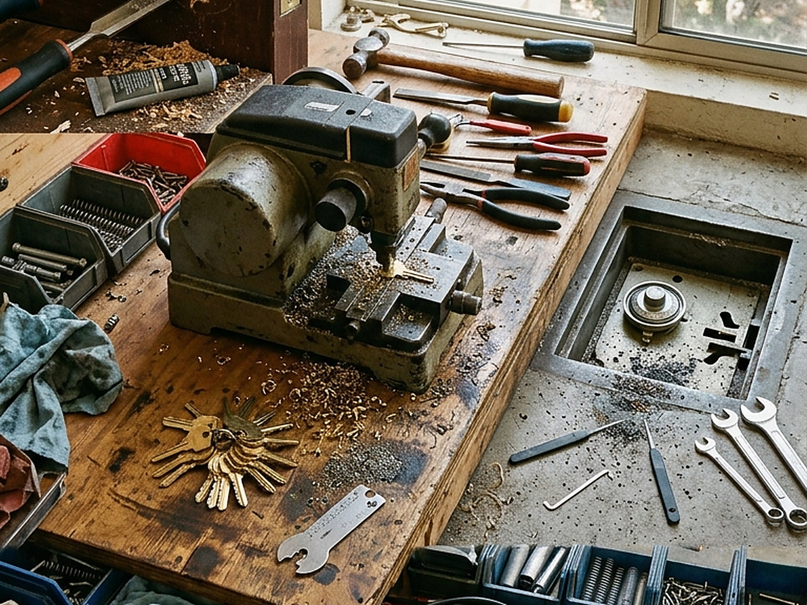 Illustrated: a key machine mid-cut, brass filings and a ring of cut keys on a bench