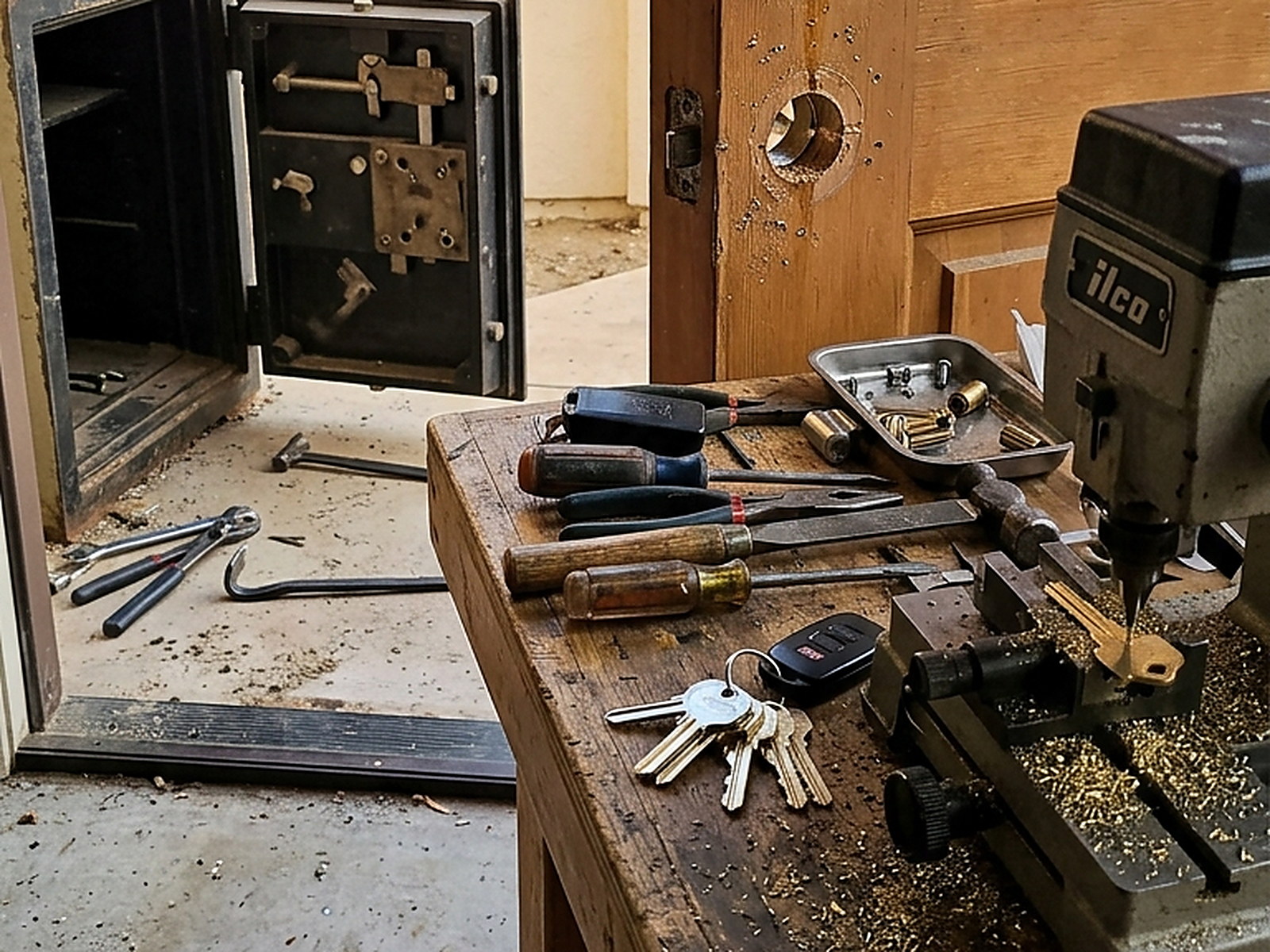Illustrated: a bored lock hole in a door with the burrs still on it, a key machine cutting a blank, an old safe standing open